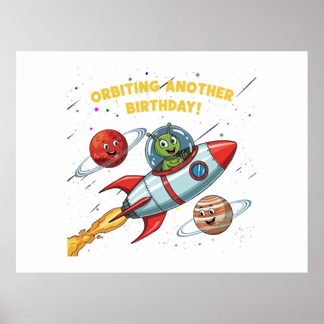 Poster Alienígena Engraçado "Orbitando Outro Aniversário" (Frente)