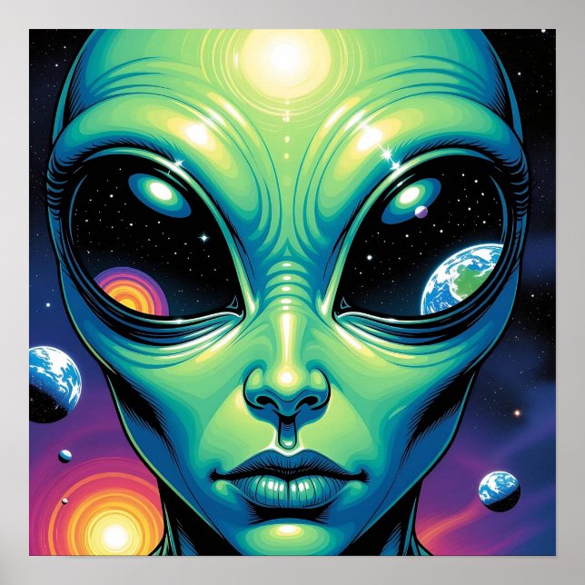 Poster Alienígena face com planetas reflexões nos olhos (Frente)