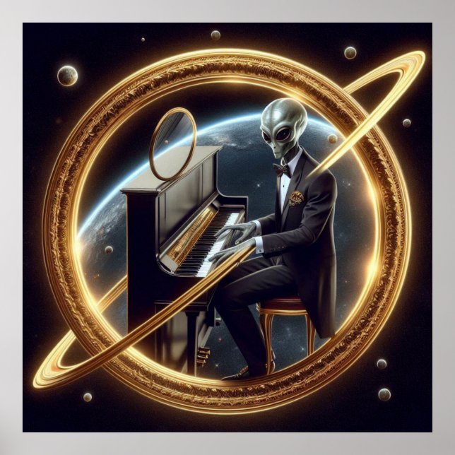 Poster Alienígena Masculina Espacial Tocando Piano Preto  (Frente)