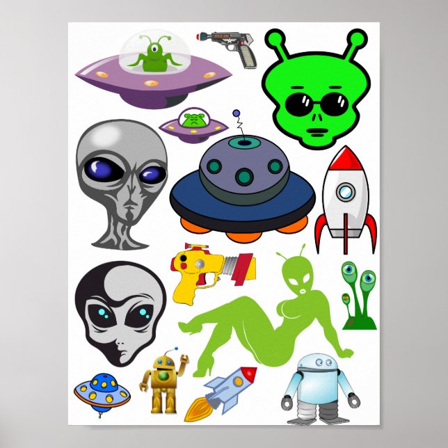 Poster Aliens de Espaço de Cartoon Folha de Colagem de Ar (Frente)