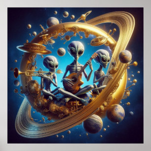 Poster Aliens Espaciais Steampunk Instrumentos Musicais T