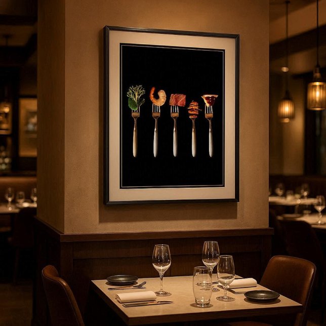 Póster Alimentos Contemporâneos em Garfos Arte Impressa P (Modern foods on forks poster for kitchens, dining rooms, cafés, or upscale restaurant walls)