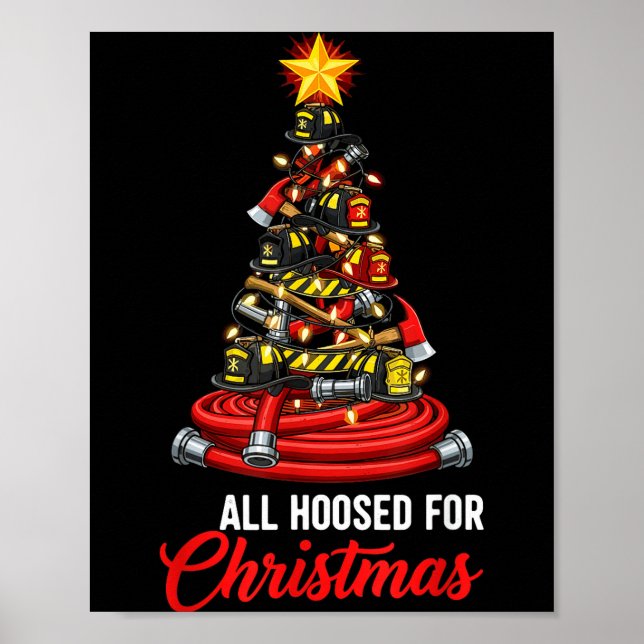 Poster All Hoosed Christmas Firefighter Tree Shirt, Firem (Frente)