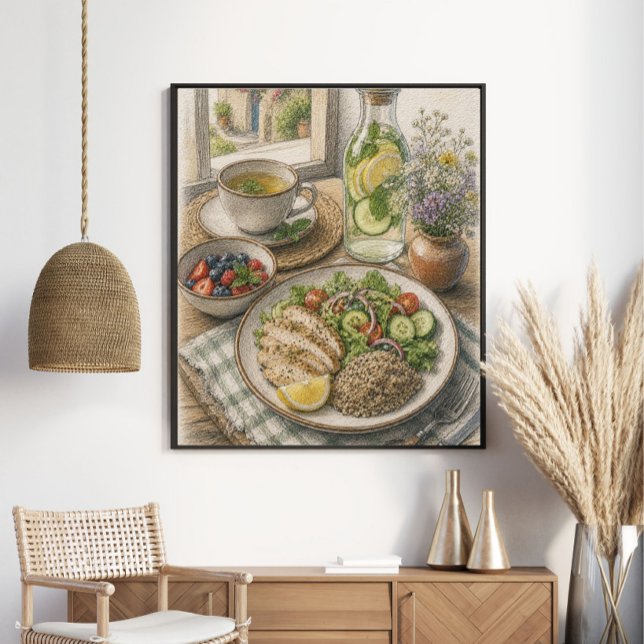 Poster Almoço Mediterrâneo Saudável à Beira da Janela com (Criador carregado)