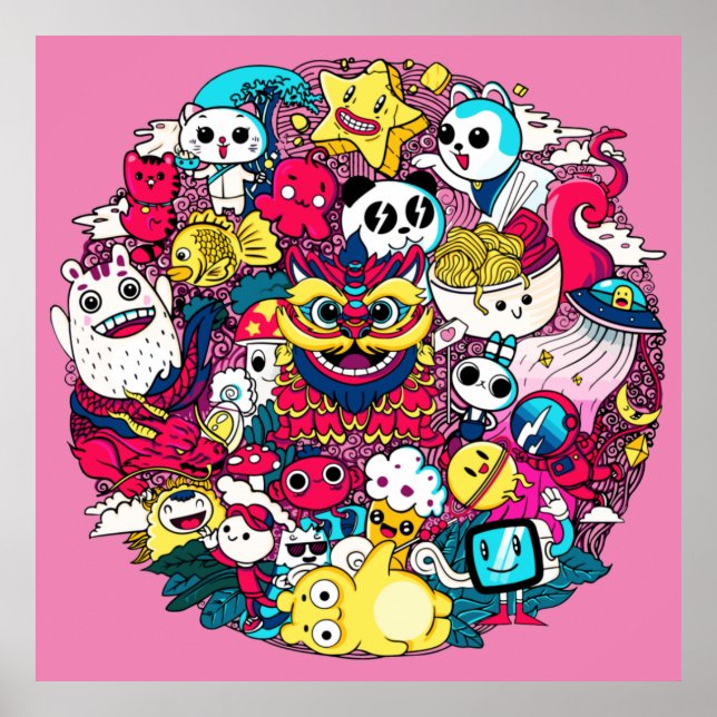 Poster Almofada Decorativa de Arte Doodle Japonesa (Frente)