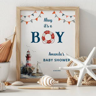 Poster Alô É um Menino Chamada de Banho de Bebê Náutico