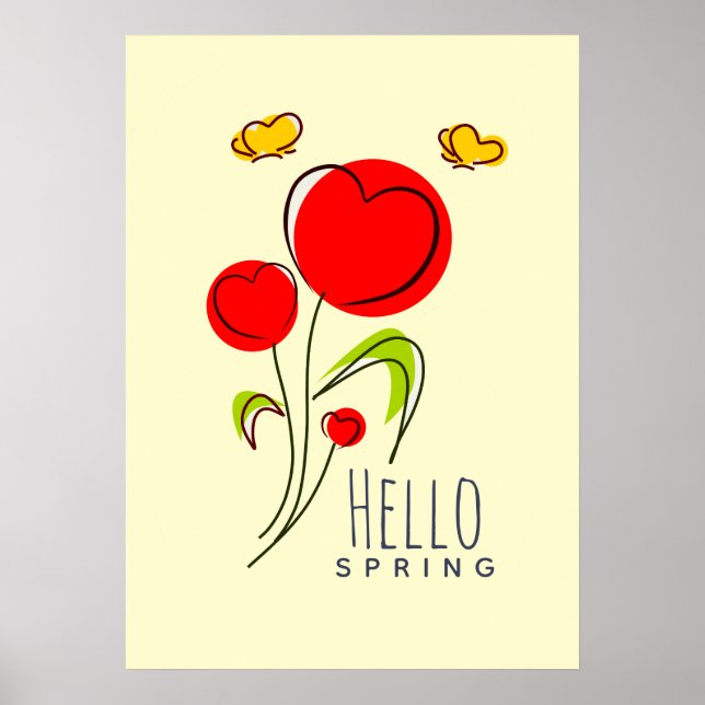 Poster Alô Texto de Primavera com Flores de Coração Verme (Frente)