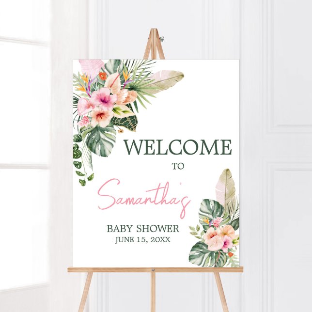 Poster Aloha Baby Tropical Chá de fraldas Welcome (Luau Hawaiian Girl Baby Shower Welcome Sign)