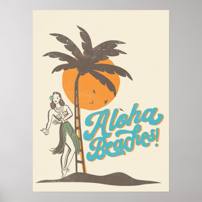 Poster Aloha Beaches Hula Girl Hawaii Retro (Frente)