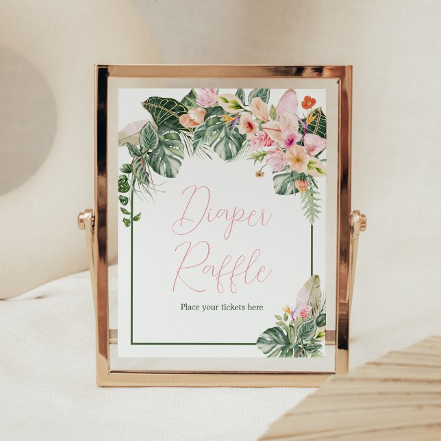 Poster Aloha Chá de fraldas Fralda Raffle (Aloha Pink Hawaiian Baby Shower Diaper Raffle Sign)