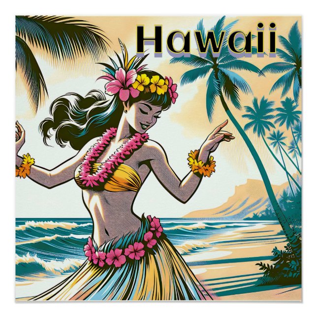 Póster Aloha | Dançarino Hawaii Hula na praia (Frente)