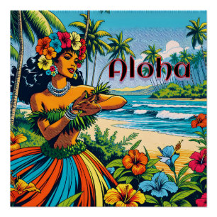 Póster Aloha   Dançarino Hawaii Hula na praia