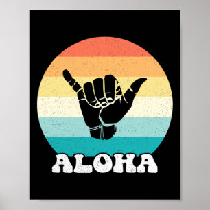 Poster Aloha Havaí Ilha Havaiana Sinal de Mão Shaka Retro