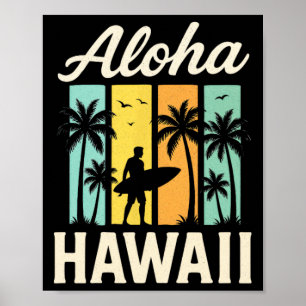 Poster Aloha Havaí - Palmeira de Praia de Surf Pôr do Sol