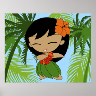 Poster Aloha Honis Havaiana Orange Hibiscus Hula Girl
