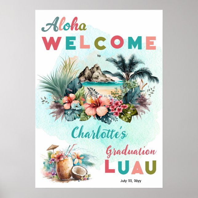 Poster Aloha Luau Tropical Island Beach Festa de formatur (Frente)