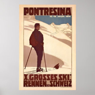 Poster Alpes Pontresina Graubünden Suíça Esqui Vintage