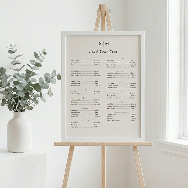 Póster Alphabetical Classic Monogram Seating Chart (Criador carregado)