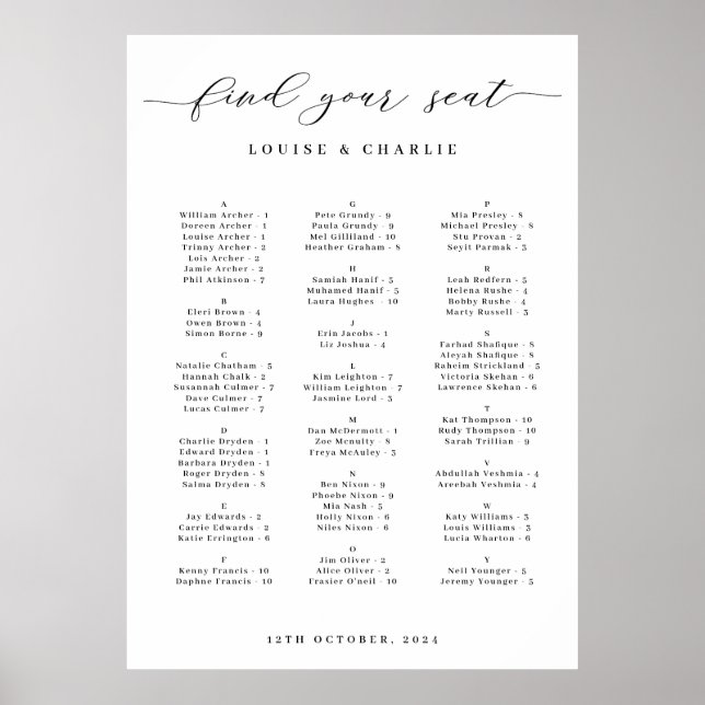 Poster Alphabetical Elegant Wedding Seating Chart (Frente)
