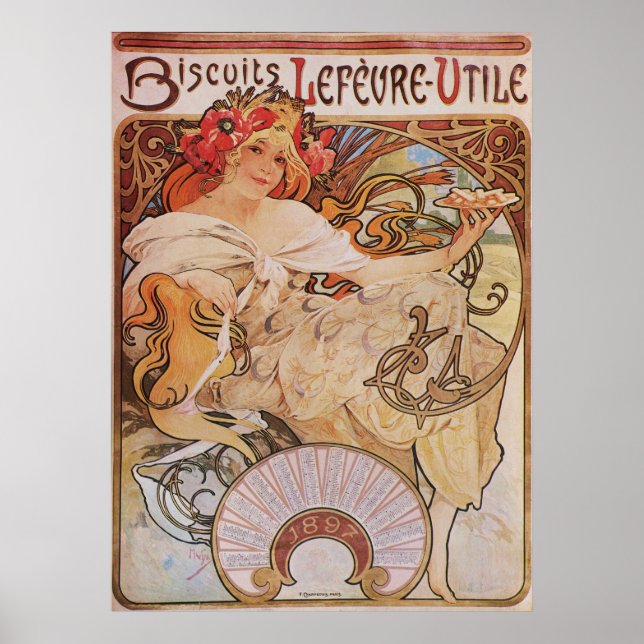 Póster Alphonse Mucha. Biscoitos Lefevre-Utile, 1896 (Frente)