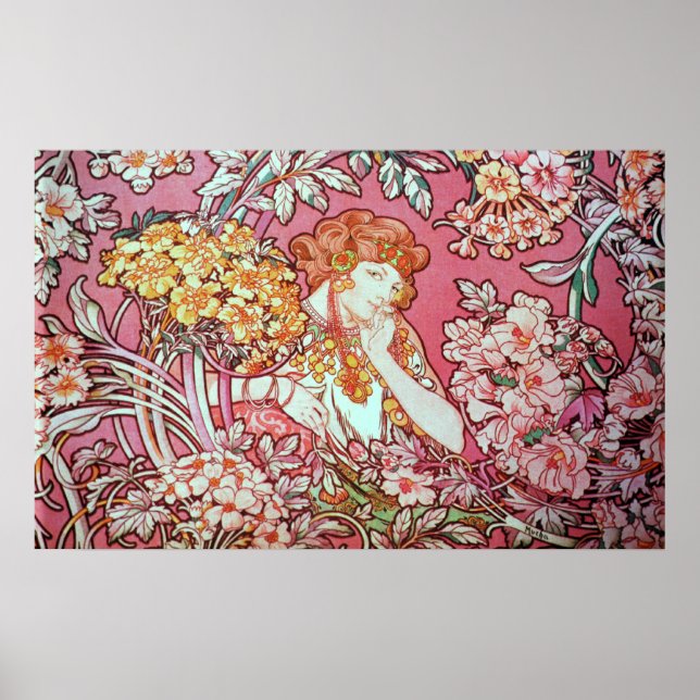 Póster Alphonse Mucha. Femme Parmi Les Fleurs 1900 (Frente)