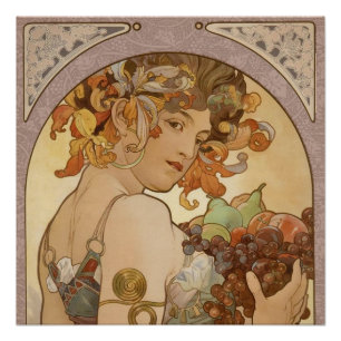 Póster Alphonse Mucha Fruta Art Nouveau Vintage Donzela