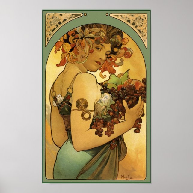 Póster Alphonse Mucha Fruta Pintura sem borda (Frente)