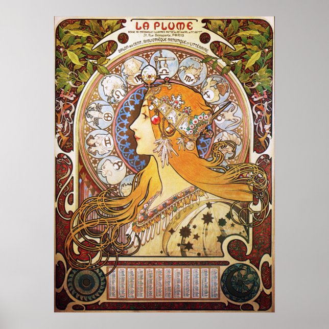 Poster Alphonse Mucha. La Plume/Zodiac, 1896. (Frente)