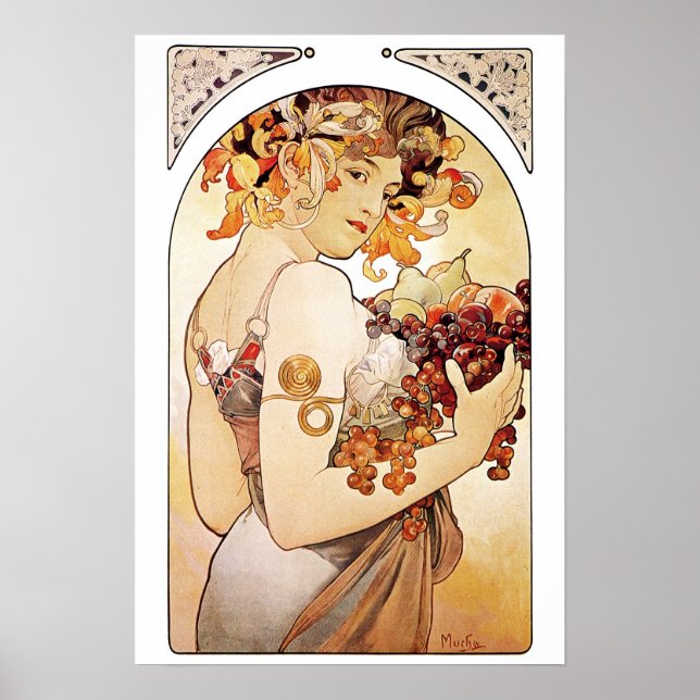 Póster Alphonse Mucha Lady Com Fruta (Frente)
