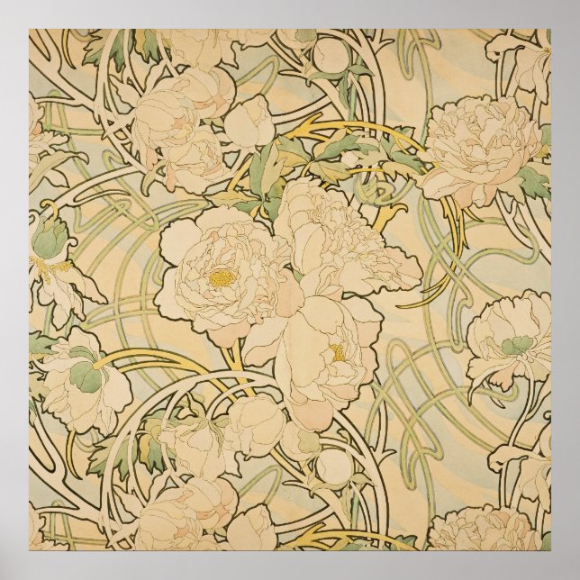 Póster Alphonse Mucha Peonies Peony Rosa Fawn 1897 (Frente)