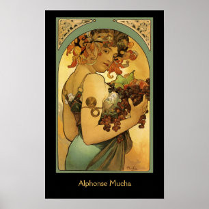 Póster Alphonse Mucha - Pintura Fruta a preto