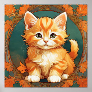Poster Alphonse Mucha Style Orange Cat