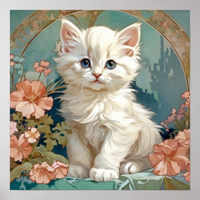 Poster Alphonse Mucha Style White Cat (Frente)