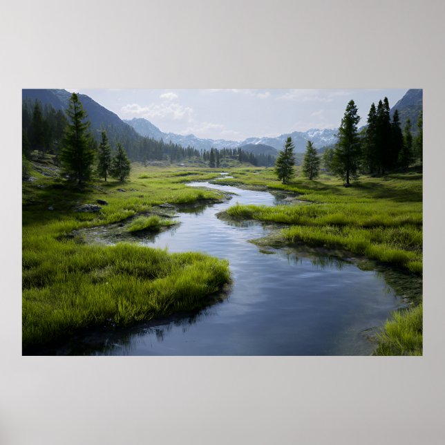 Poster Alpine Valley Stream Green Meadows Snowy Peaks (Frente)