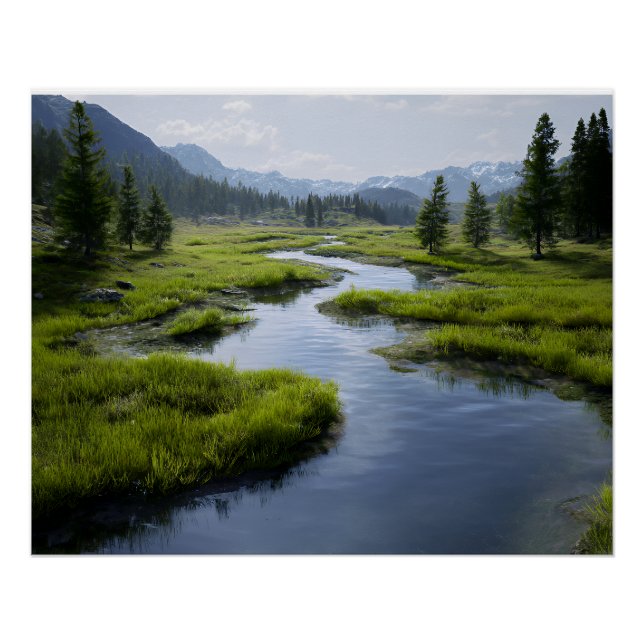 Póster Alpine Valley Stream Green Meadows Snowy Peaks (Frente)