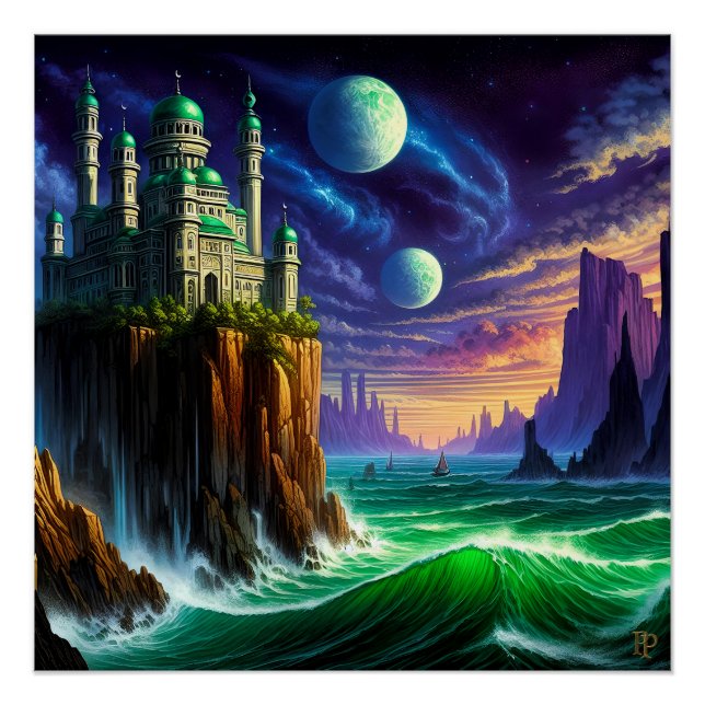 Póster Alto acima dos oceanos verdes (Frente)