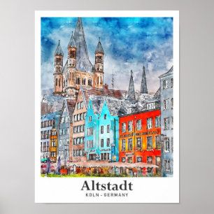 Poster Altstadt Koln Alemanha Viagem Watercolor Hand Draw