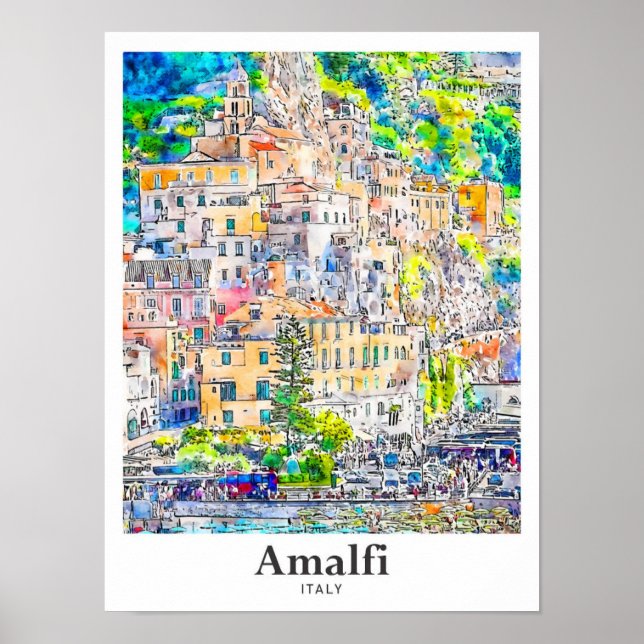 Poster Amalfi Itália Viagem Watercolor Desenhado (Frente)