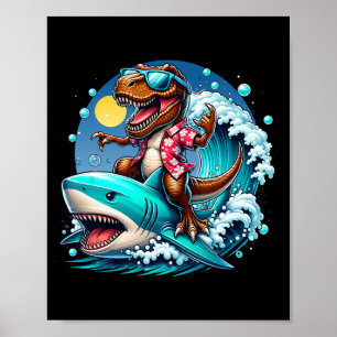 Poster Amante da Praia T-rex Dinossauro Montando Tubarão