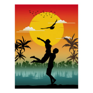 Póster Amante da Silhueta do Pôr do Sol Presente Romântic