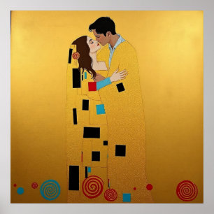 Poster Amantes Beijam em Cores Douradas e Brilhantes ❤️ V