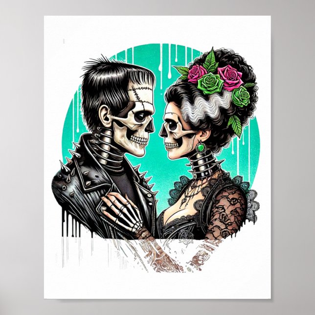 Poster Amantes de Halloween Frankenstein Esqueleto Para H (Frente)