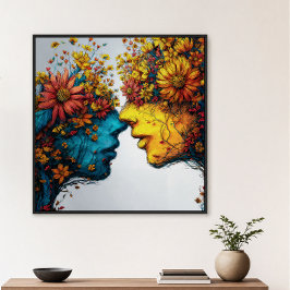 Póster Amantes em Flor Arte Floral de Rostos