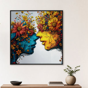 Póster Amantes em Flor Arte Floral de Rostos