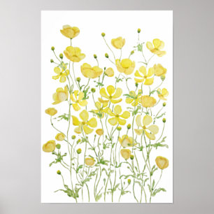 Poster amarelo borboleta flores campo aquarela
