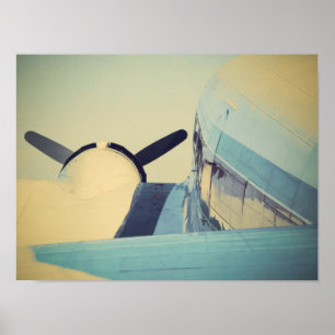 Poster Amarelo e Azul de Antigo Avião Antigo 16" x 12" 