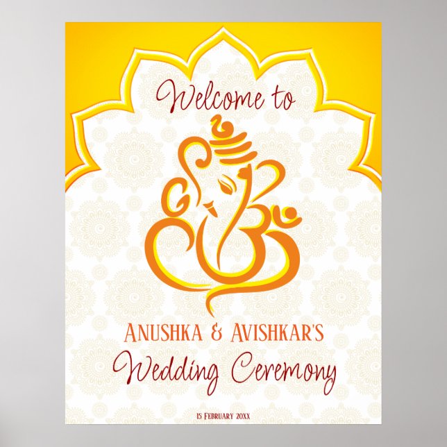 Poster Amarelo Ganesha com mandala de fundo hindu (Frente)