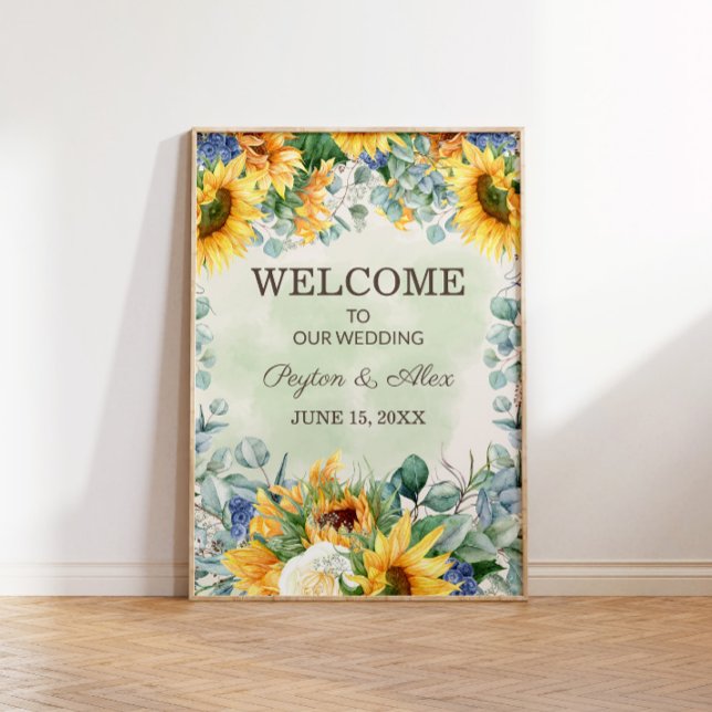 Poster Amarelo Girassóis Verde Eucalipto Deixa Casamento (Sunflowers and eucalyptus wedding "Welcome" poster)