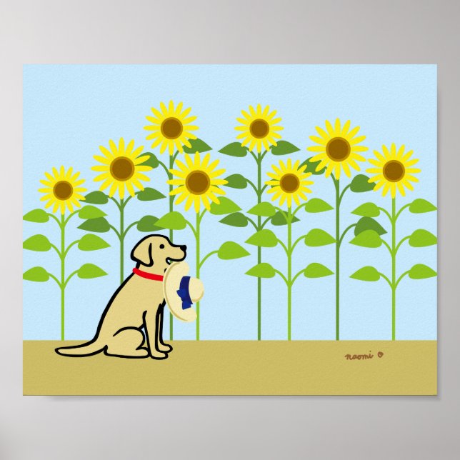 Poster Amarelo Labrador e Girassóis Verão (Frente)