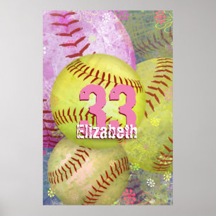 Poster Amarelo-rosa-rosado de Softball feminino